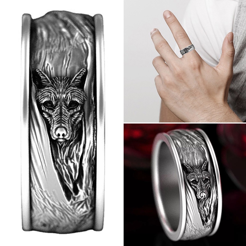 Cincin Desain Kepala Serigala Gaya Vintage Gothic Hip-Hop Punk Untuk Pria Dan Wanita