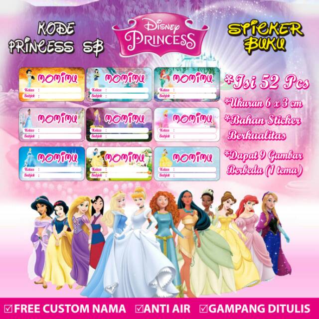 

Stiker/Sticker/Label Buku Pelajaran Anak/Remaja Custom Motif Princess Disney