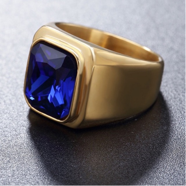 Cincin Pria Titanium 316L Gold Batu Akik Safir Biru Blue Saphire Octagon Minimalis High Quality