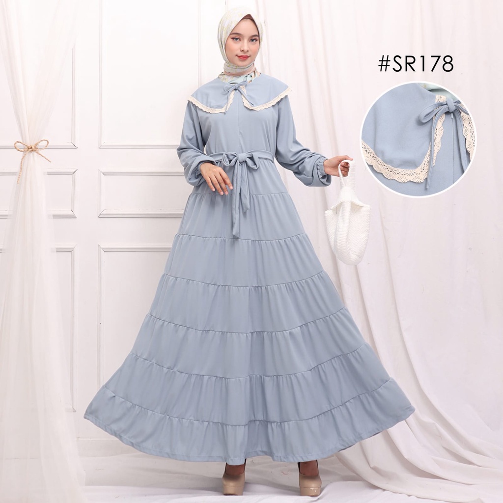 Gamis jumbo busui kerah korea renda rempel 7 susun (PB 140) tali pinggang bahan voxy premium merk hf