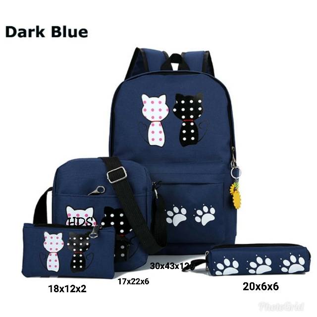 Fashion backpack motif cat polka TOKE /fashion ransel satu set murah