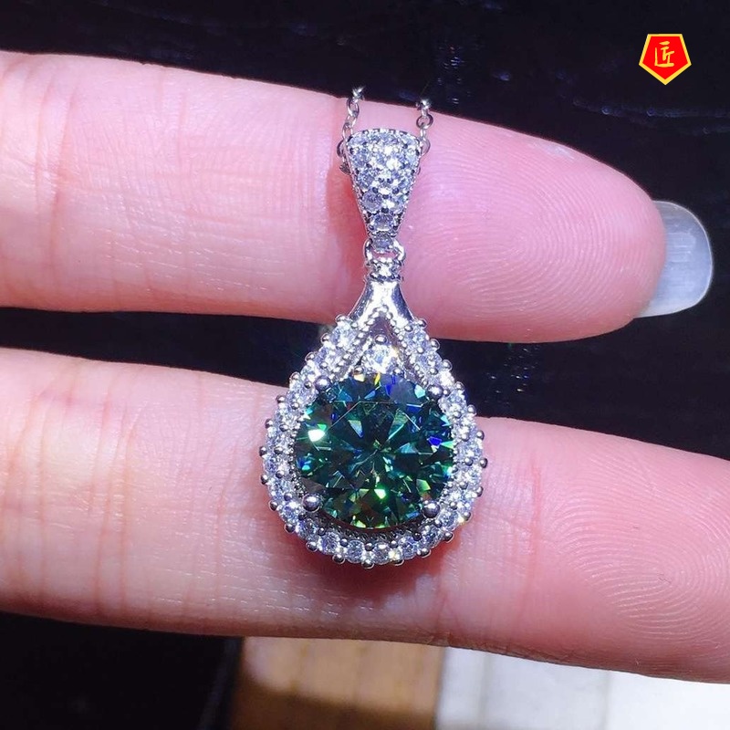 [Ready Stock]Blue Green Moissanite Pendant Necklace Elegant Fashion