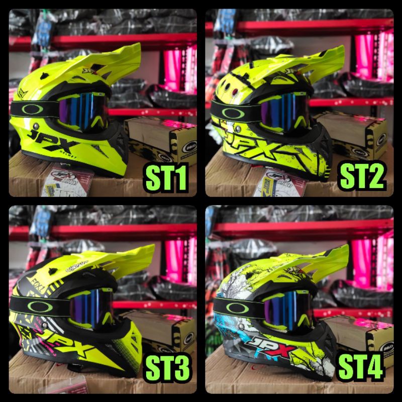Helm cross plus goggle trail cros offroad motocross jpx fullface oren stabilo hijau army bandung