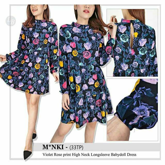 Monki violet rose print high neck Long sleeve babydoll dress