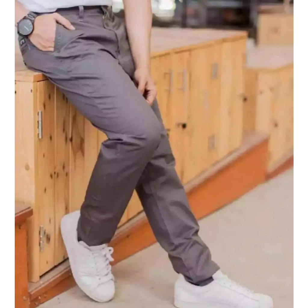 Lesta Langgeng Celana Formal Pria Model Slimfit Bahan Kain Drill Warna Coklat Panjang