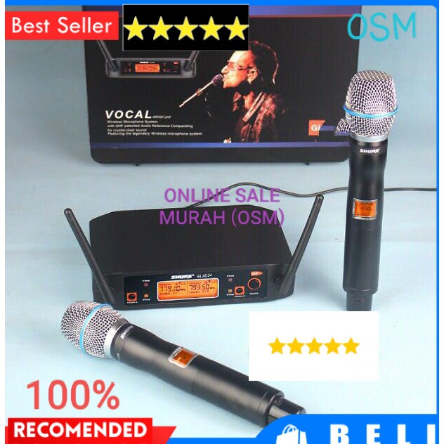 Shure pro mic karaoke sepasang UHF mikrophone Wireless senheizer microphone wireles suara audio sound sistem vokal vocal mik professional panggung dj studio  Mic wireless Shure GLXD 24 ( double handle ) deskripsi *1 receiver LED display *2 mic handle LED