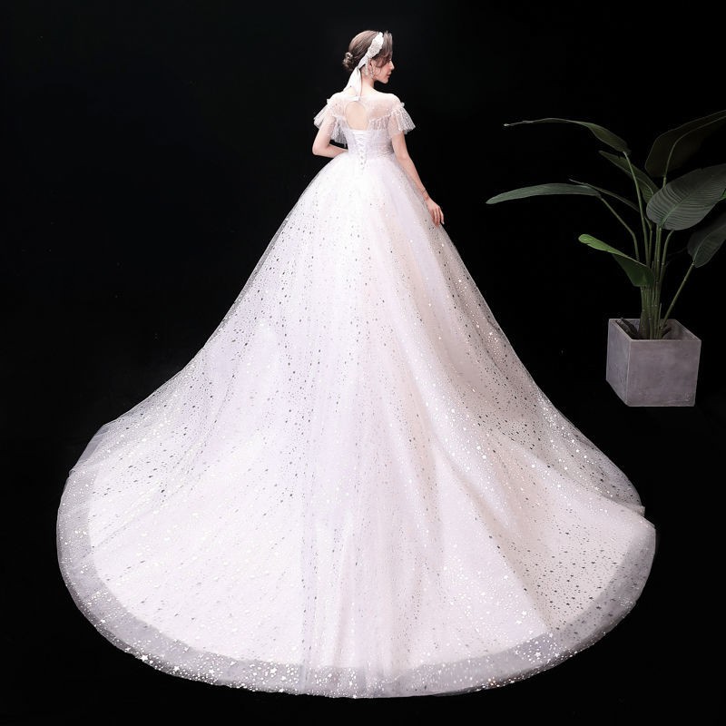 153 White Bling Bling Women Bridal Long Tail Wedding Party Gown Dress