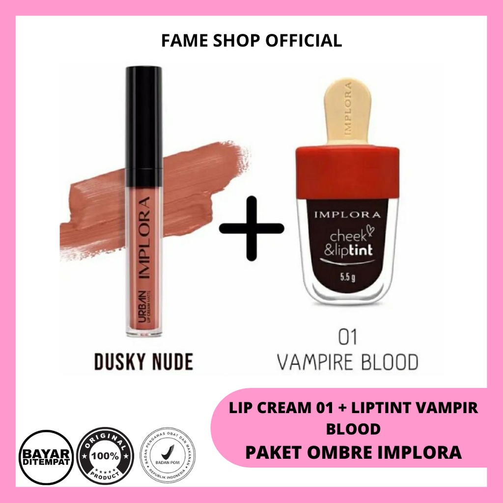 1 SET OMBRE IMPLORA URBAN LIP CREAM MATTE 01 DUSKY NUDE + LIPTINT 01 VAMPIRE BLOOD / Paket Hemat Lipcream Lip Tint Ombre Viral