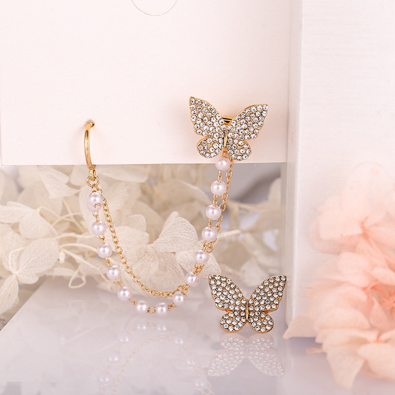 Fancyqube Anting Rantai Manik-Manik Kupu-Kupu Aksen Berlian Imitasi Gaya Korea Untuk Wanita