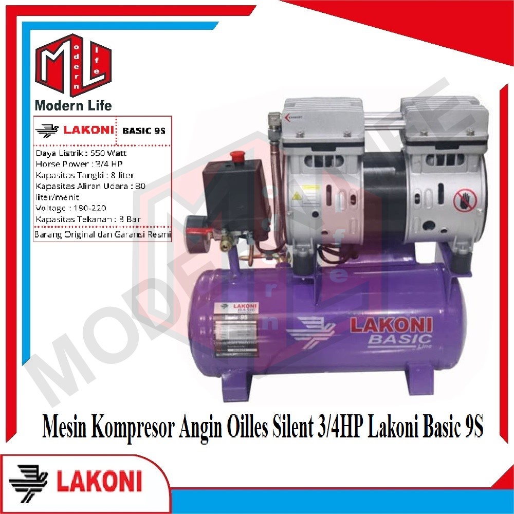 Mesin Kompressor Oil Less 0.75 Hp 8L LAKONI Basic 9S Tanpa OLI