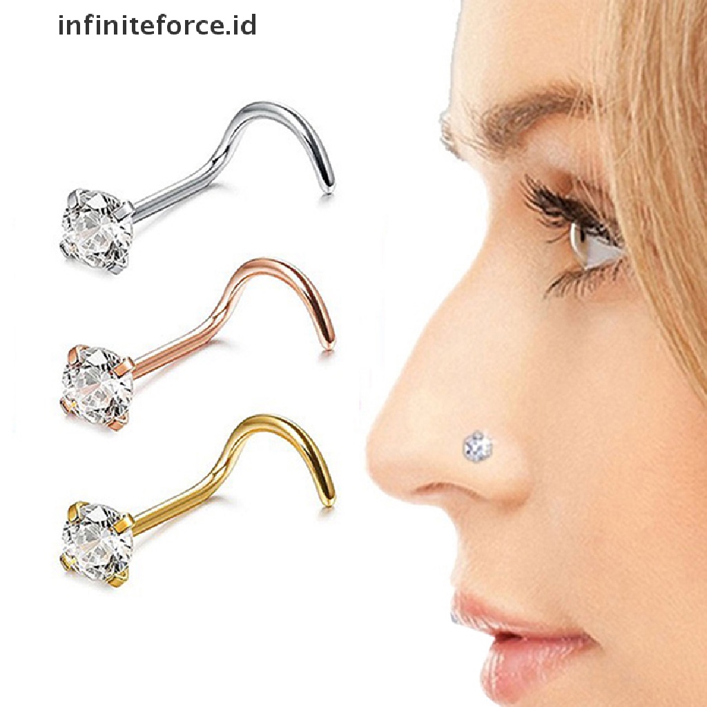 1 Pc Cincin Tindik Hidung Bahan Stainless Steel Aksen Kristal