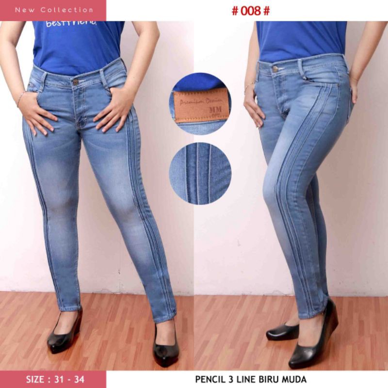celana jeans pensil 3line jumbo biru muda, biru sedang, biru tua 31-34