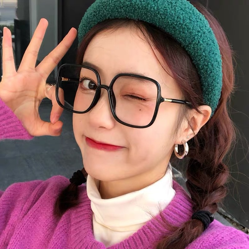 (YUZHU) Ins Fashion Kacamata Bingkai Persegi Untuk Wanita Oversized Hitam Anti Blue Light Eyeglasses