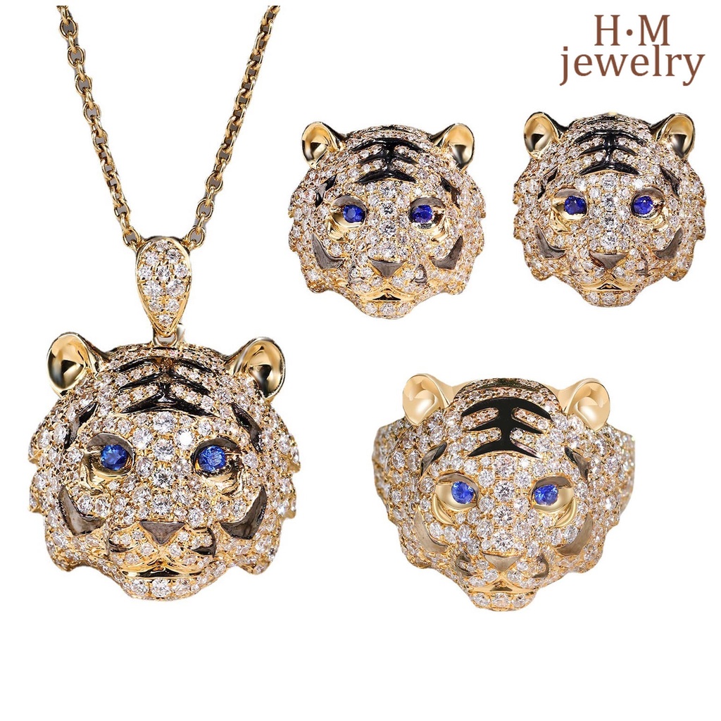 Set Kalung Anting Cincin Berlian Sapphire Macan Tutul Zodiak China