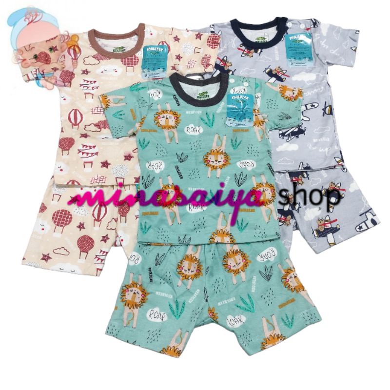 KOOLBEAN Setelan Bayi SNI Lengan Pendek Kancing Pundak Warna Motif Uk. S - XL