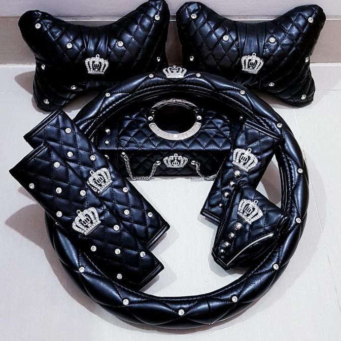 Full Set Bantal Mobil Kulit DAD CROWN Hitam (Premium)