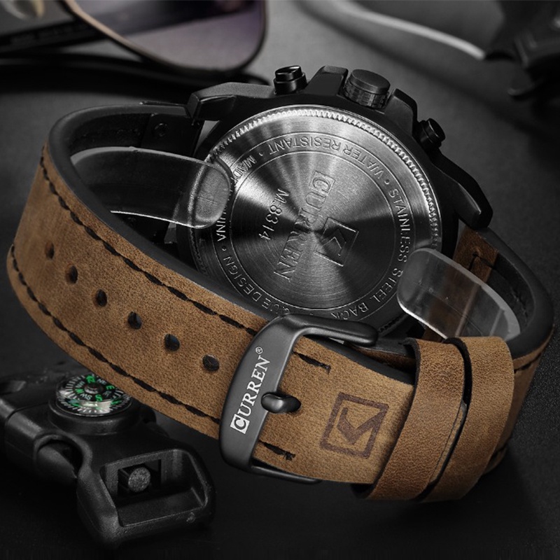 CURREN 8314 Jam Tangan Pria Analog Tali Kulit Chronograph Aktif Pria Militer Tahan Air Jam Kuarsa