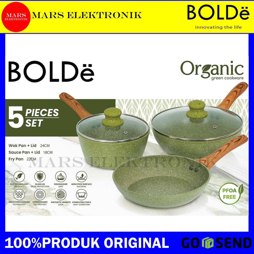 BOLDE SUPER PAN ORGANIC SET / 3 IN 1 / BOLDE 5 PCS / PANCI BOLDE SET ANTI LENGKET / GREEN COOKWARE B