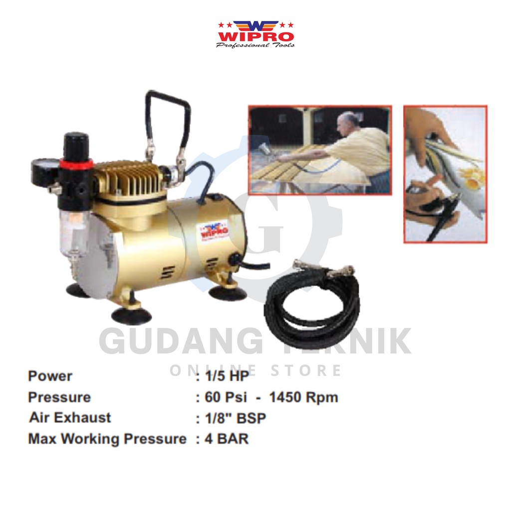 Kompresor Angin Mini SET Tanpa Oli 1/5 HP WIPRO 3-KD / Mini Air Compressor SET 1/5 HP WIPRO 3KD - WIPRO 3 KD