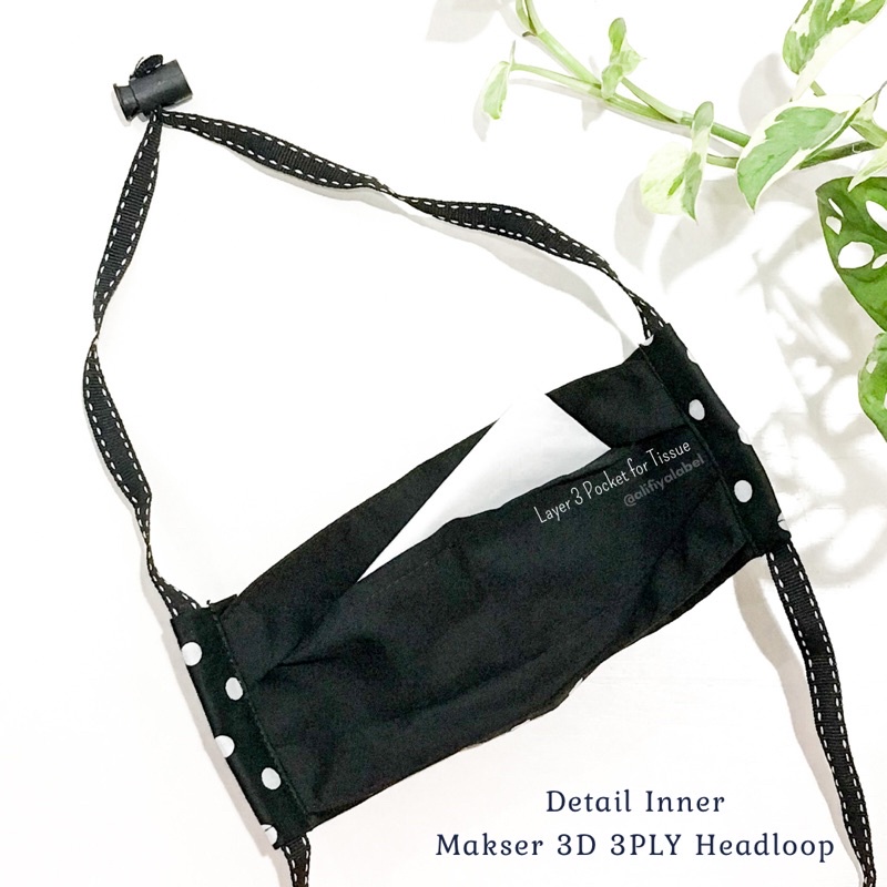 MASKER KAIN 3D 3PLY HEADLOOP STOPPER ORIGAMI NON MEDIS HIJAB “Black&amp;White Series”