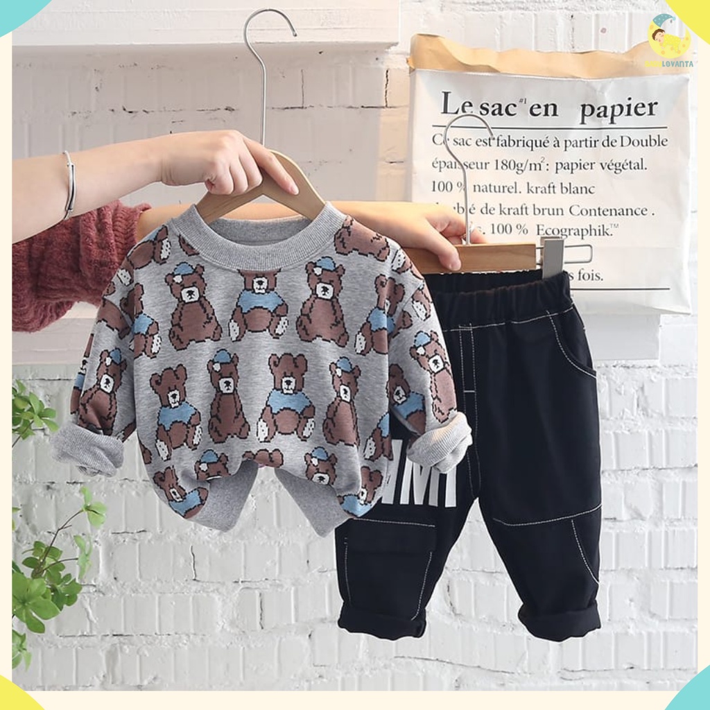 BABYLOVANTA- Setelan baju anak anak MOTIF BEARGREY 0-5 Tahun/Baju lucu Anak anak impor premium