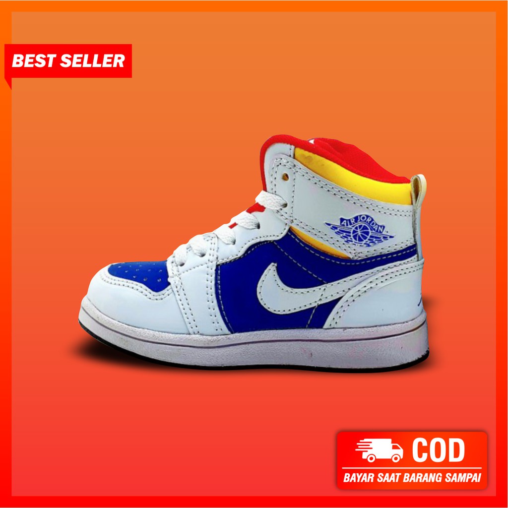 SEPATU ANAK USIA 1 - 12 TAHUN AIR JORDAN 1 TERMURAH TERLARIS PROMO DISKON TERBARU BIRU PUTIH KUNING
