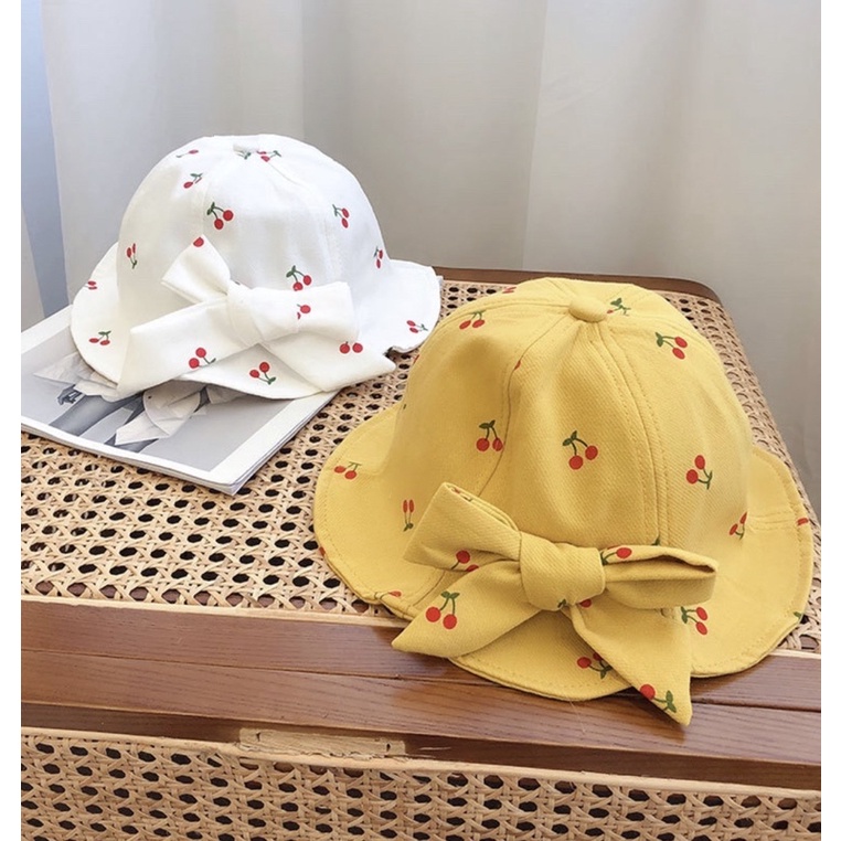 Topi Bucket Anak Bayi Balita Perempuan Import Model Pita Cherry-2