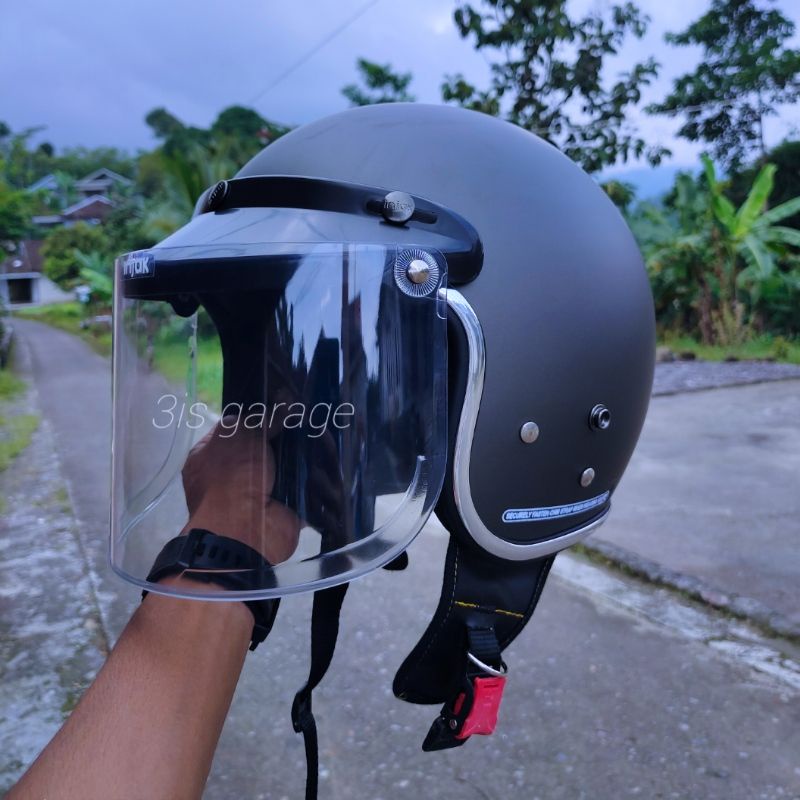 HELM BOGO RETRO FULL LEHER KACA DATAR SNI WANITA DEWAS