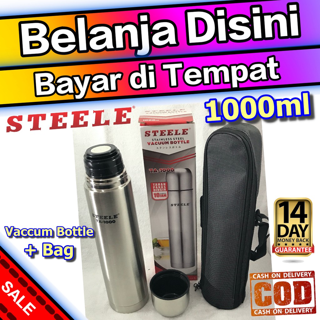 Steele TA1000 Termos Botol Air Minum 1000ml Vacuum Free Tas Tahan 10 Jam Panas Dingin Vaccum Bottle