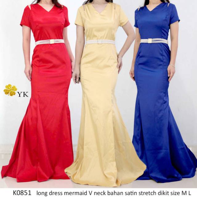K0851 VVVshop long dress mermaid v neck baju wanita import fashion online merah coklat biru