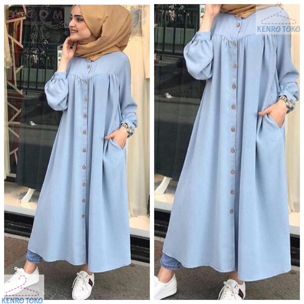 Baju Long Dress Wanita Jumbo Denim Kanaya Kancing Hidup Murah Gamis Longdress Muslim Rok Panjang Pakaian maxi Dres