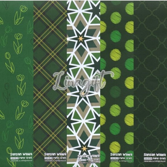 ( 5 Lembar ) JUMBO EDISI IDUL FITRI GREEN- KERTAS KADO SANWA - GIFT WRAP PAPER SANSAN WAWA LEBARAN IDUL FITRI EID MUBARAK ISLAMI MUSLIM HIJAU POLKADOT STARS LEAVES FLOWERS