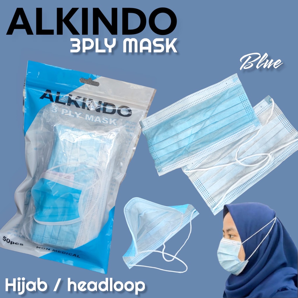 MASKER 3PLY ALKINDO HIJAB BIRU HEADLOOP DISPOSABLE MASK TANPA POUCH