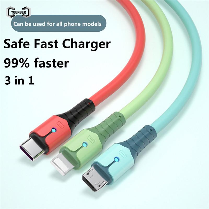 Kabel Data / Charger Micro Usb / Tipe-C / Lightning 3in1 Fast Charging 5A Bahan Silikon Dengan Lampu Led