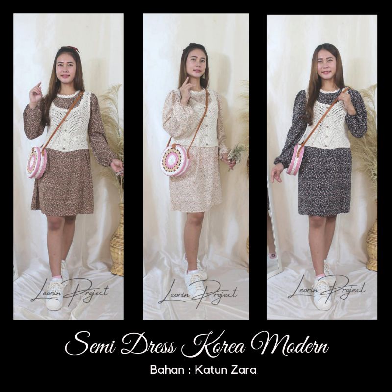Dress Korea Midi Modern Vintage Motif Floral Bunga Bonus Rompi Rajut Bahan Katun Zara Murah Terbaru 