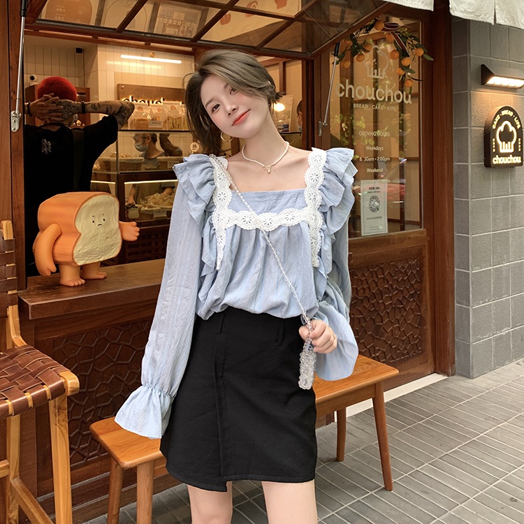 yikoo-Blouse lace lengan panjang atasan top blus wanita