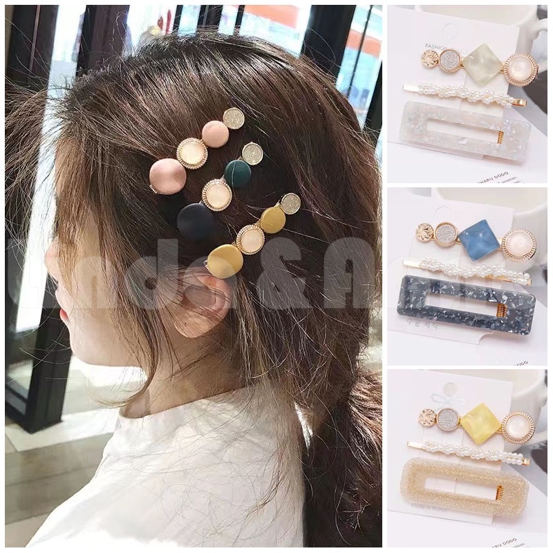 Set Jepit Rambut Mutiara Geometri Wanita Fashion Hiasan Kepala Kekinian Korean Import