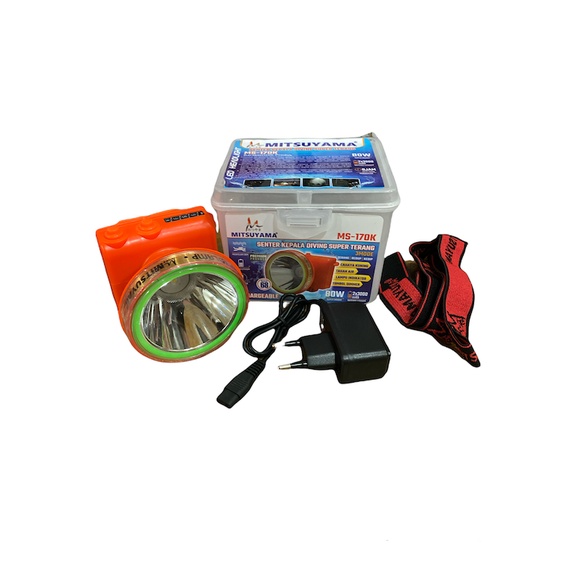 Mitsuyama Senter Kepala Selam LED Super Terang Lithium MS170K LAMPU KUNING 80 Watt With Dimmer Switch Super LED Rechargeable FREE Cable Bundle 8 JAM