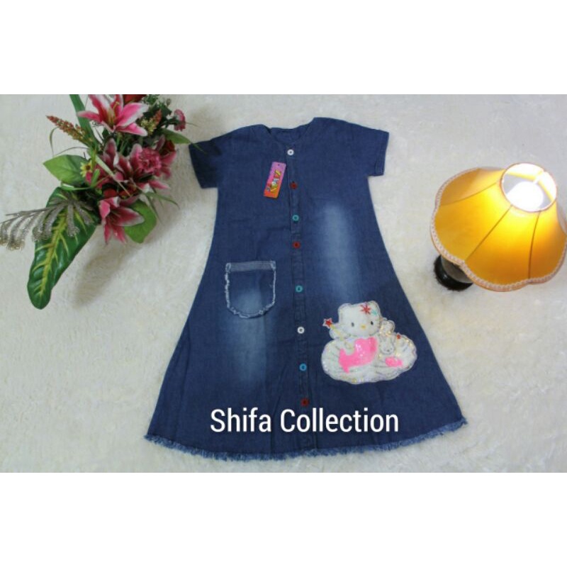 Dress Jeans Anak / Baju Jeans Anak / Baju Dress Anak Motif Karekter Boneka Hello Kitty / Bahan Jeans Ukuran 4 5 6 / M L XL