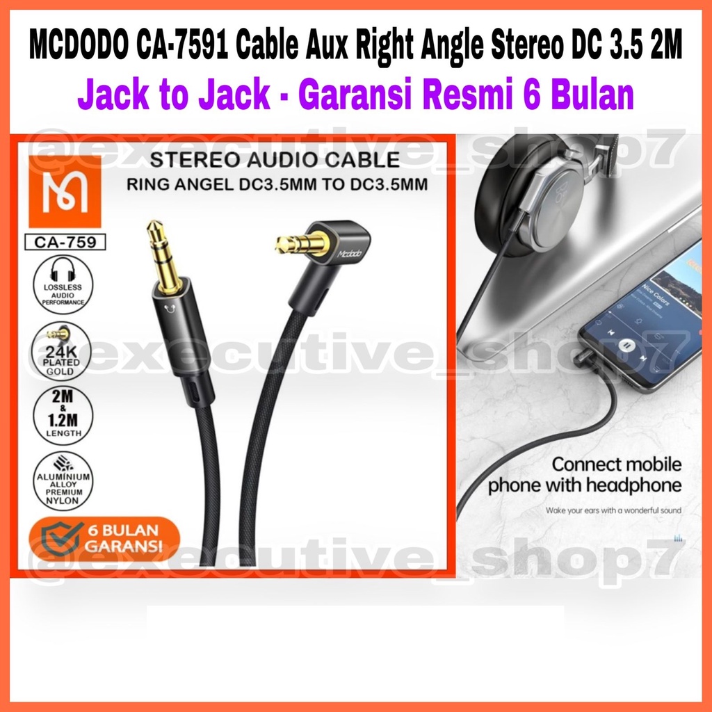 MCDODO CA-7591 Cable Aux Right Angle Stereo DC 3.5 2m - Jack to Jack - Garansi Resmi 6 Bulan