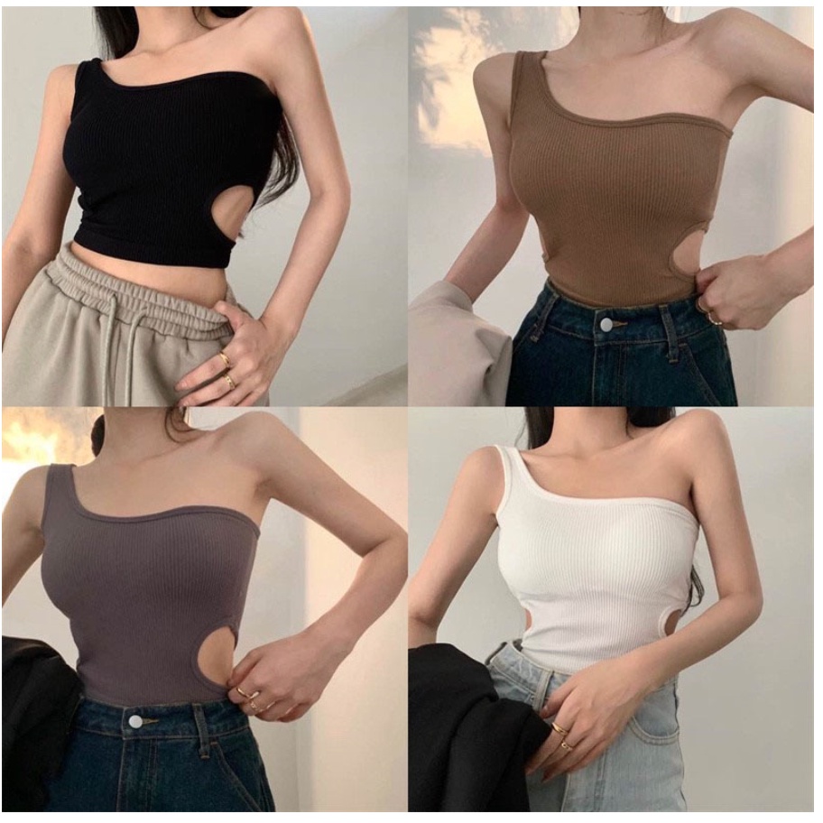 Tank Top Wanita Model One Shoulder Cut Off With Bra Cup Korea / Tank Top Crop Atasan Wanita / Tank Top Basic Import Seamless