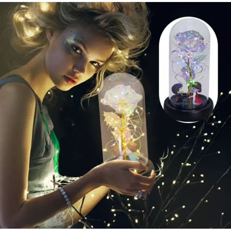 Bunga crystal galaxy tabung kaca model beauty and the beast impor dengan lampu