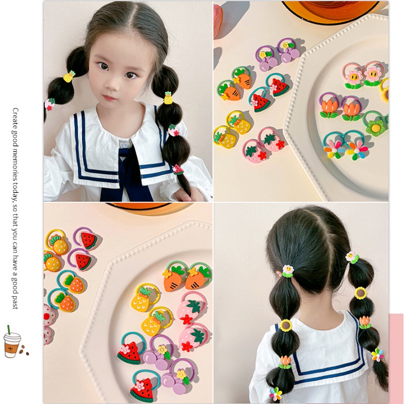 We Flower 10pcs / Set Ikat Rambut Tali Karet Aksen Bunga / Wortel / Cherry Untuk Aksesoris Anak Perempuan