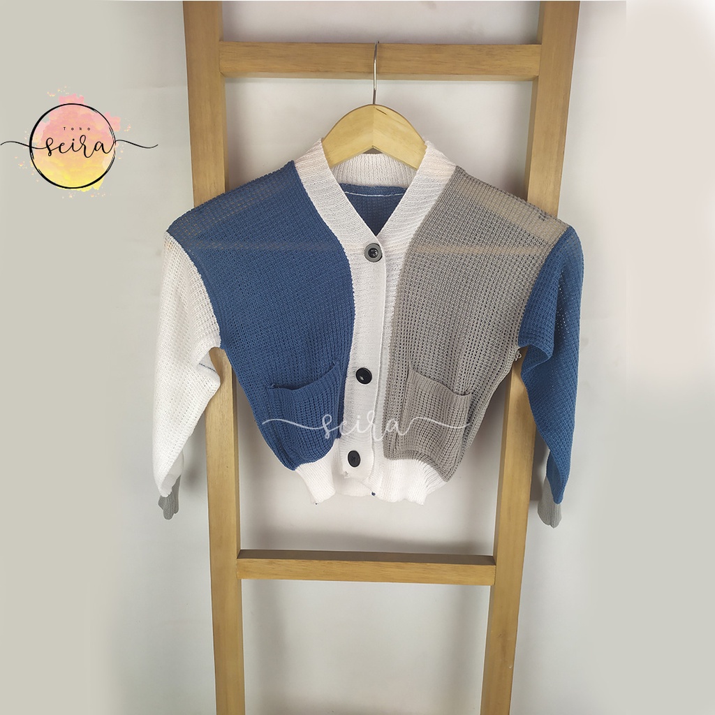 [BISA COD] Olivia Cardy Crop Pocket Anak / Kardigan Rajut Anak / Helena Cardigan Rajut Anak Kombinasi 3 Tone / Nakara Combinasi