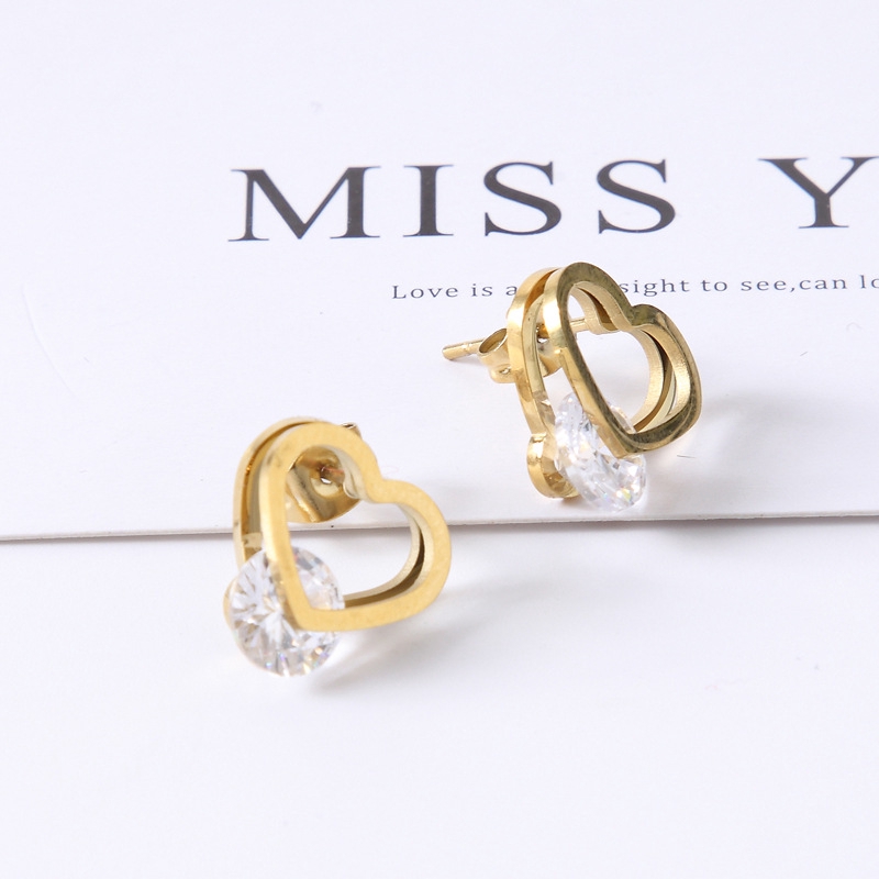 Manis Tunggal Berlian Jantung Anting-Anting Dua Lapis Sederhana Semua Pertandingan Komuter Peach Heart Earrings