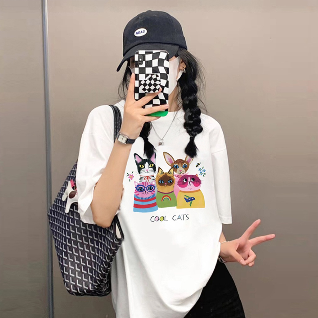 EUNII T-shirt Lengan Pendek Kartun Satwa Pencetakan Longgar Korean Style/Kaos Atasan Wanita/Baju Kaus Oversize Wanita