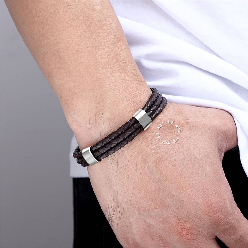 GELANG KULIT KEPANG 3 LAYER MULTILAYER STAINLESS STEEL PRIA WANITA TALI COKLAT HITAM ADJUSTABLE