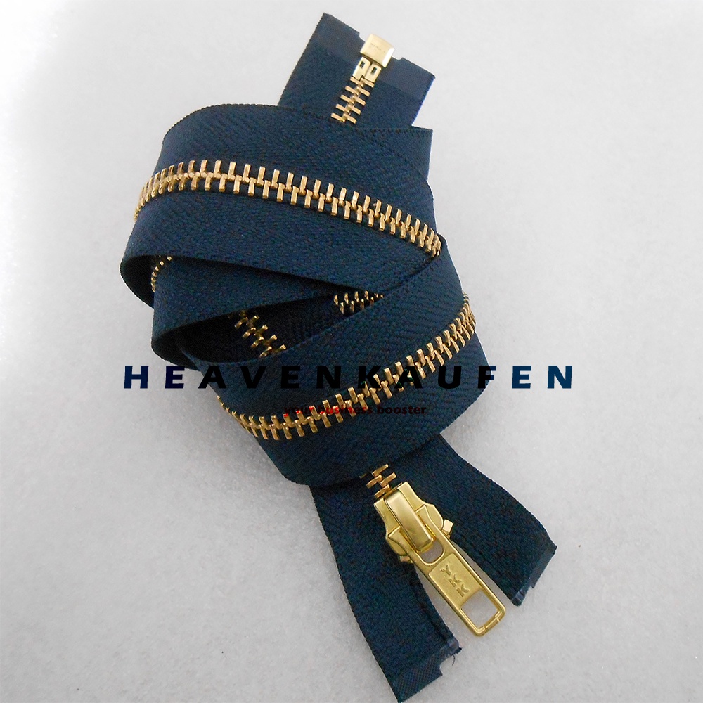 Resleting Zipper Jaket YKK 60 cm Atau 24 inch Type Gigi Besi Warna Biru Dongker Navy - Gold Emas Set Open End Buka Lepas