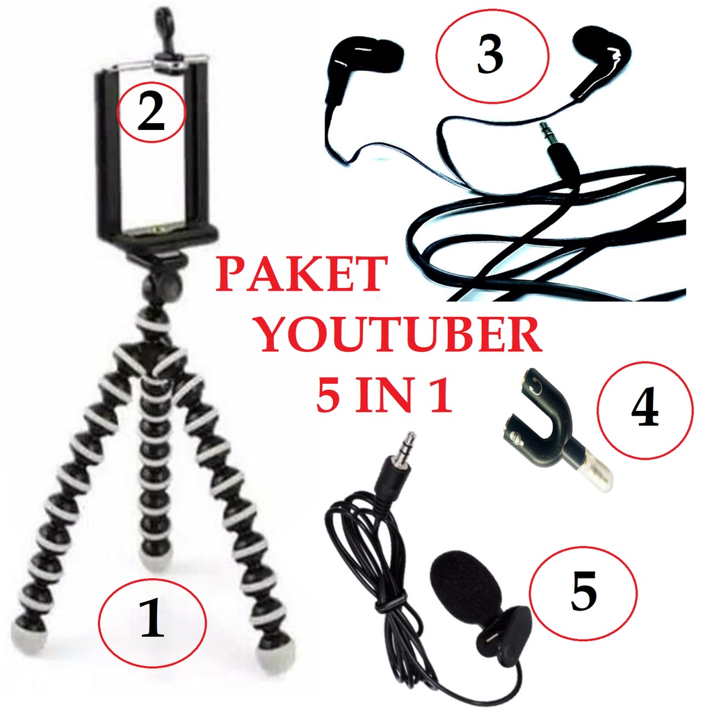 Paket Youtuber 5 In 1 (Mini Gorillapod + Holder U + Clip On Mic + U Splitter + Headset Super Bas)