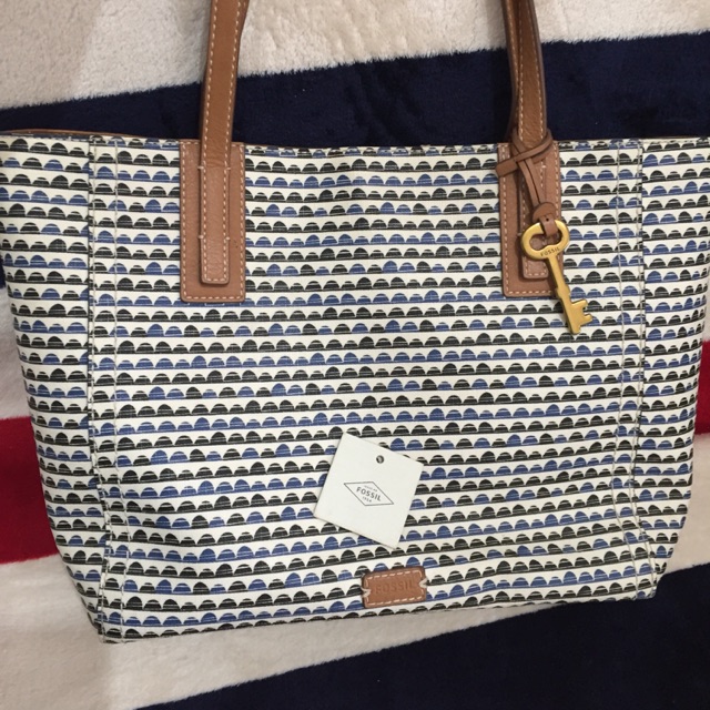 tas fossil emma blueprint blue print shopper zip tote original prelove